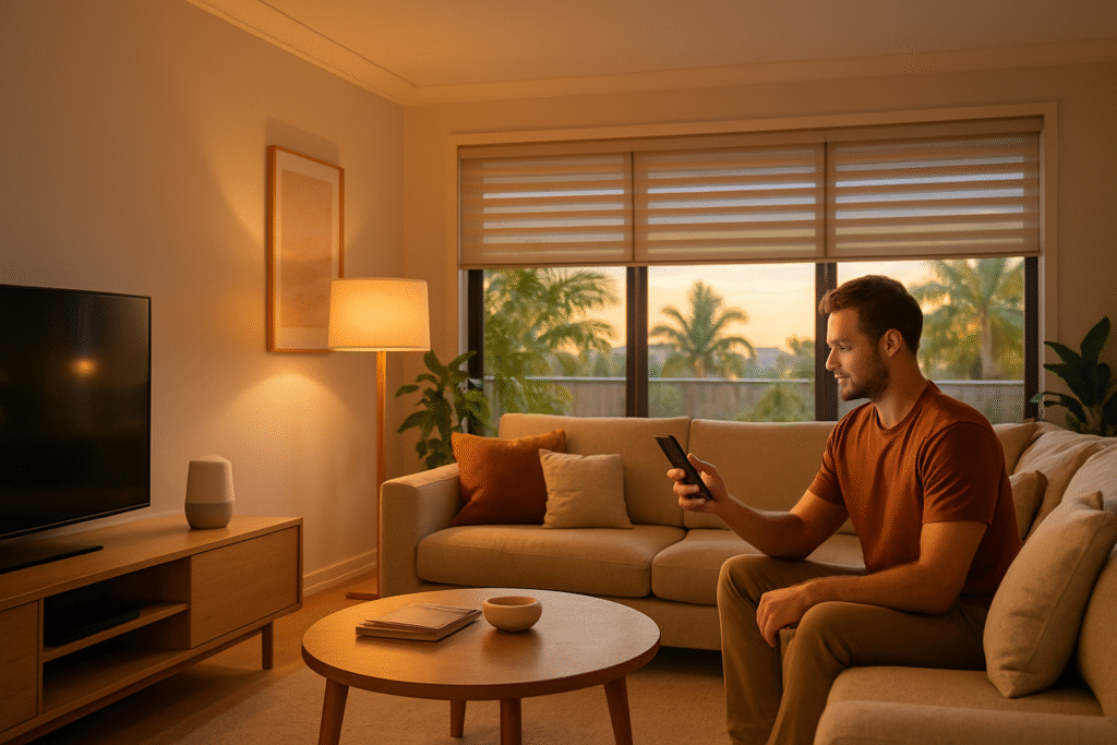 Licensed electrician installing a motion-sensor LED security light on a Gold Coast home exterior